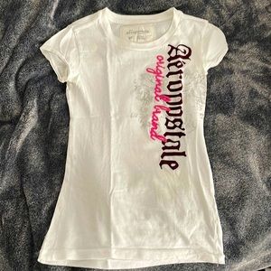 White tshirt with pink & silver print